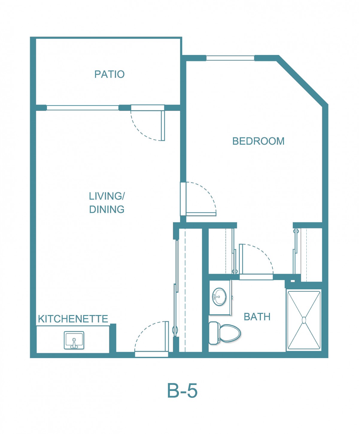 A simple floor plan of an apartment with a bedroom, bathroom, kitchen, and patio.