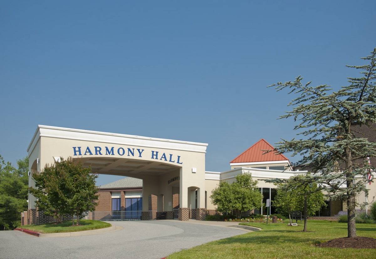 Entrance to Harmony Hall with clear blue skies.