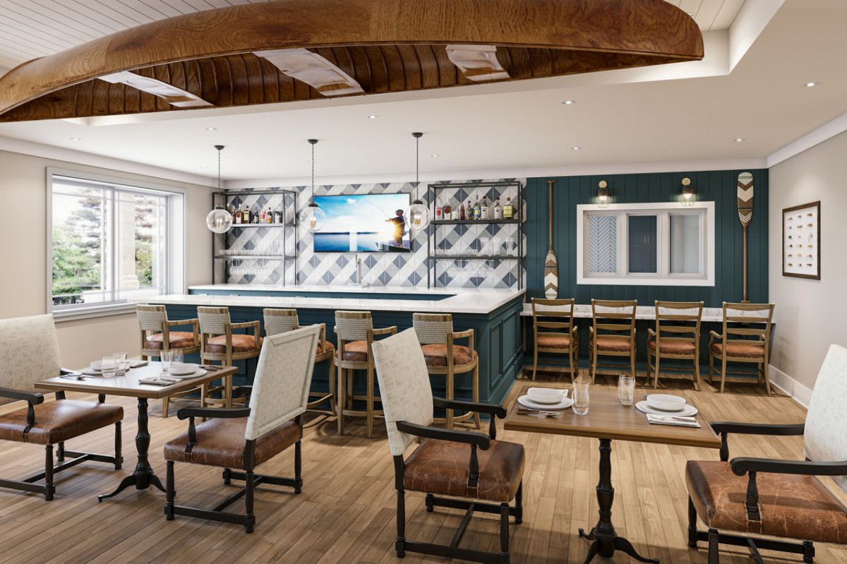Modern restaurant interior with a stylish bar and seating area.