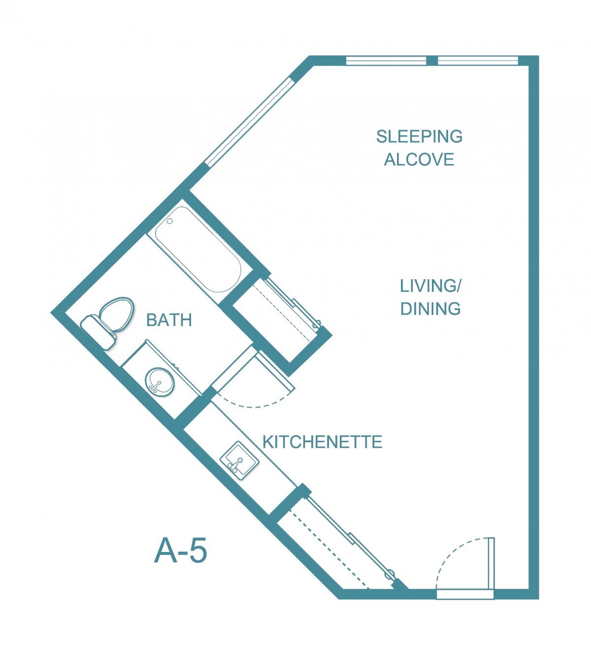 A floor plan of a studio apartment featuring a sleeping alcove, living/dining area, kitchenette, and bathroom.
