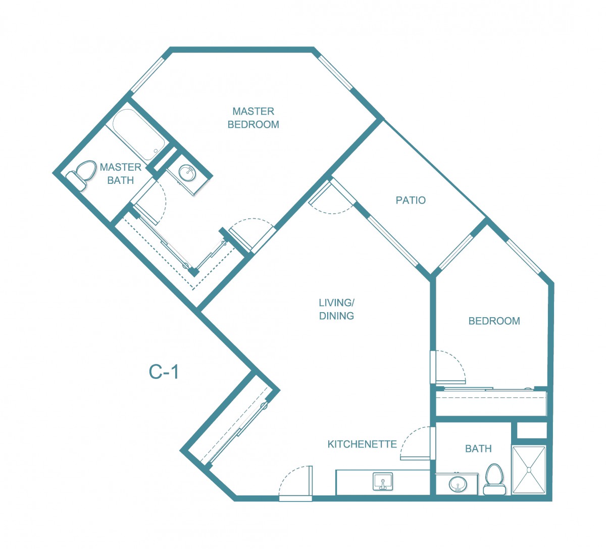 A floor plan layout of an apartment unit, showing the arrangement of rooms and areas.