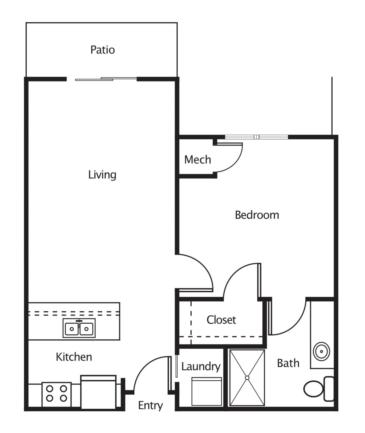 A simple one-bedroom apartment floor plan featuring a kitchen, living area, bedroom, bathroom, laundry space, closet, and patio.