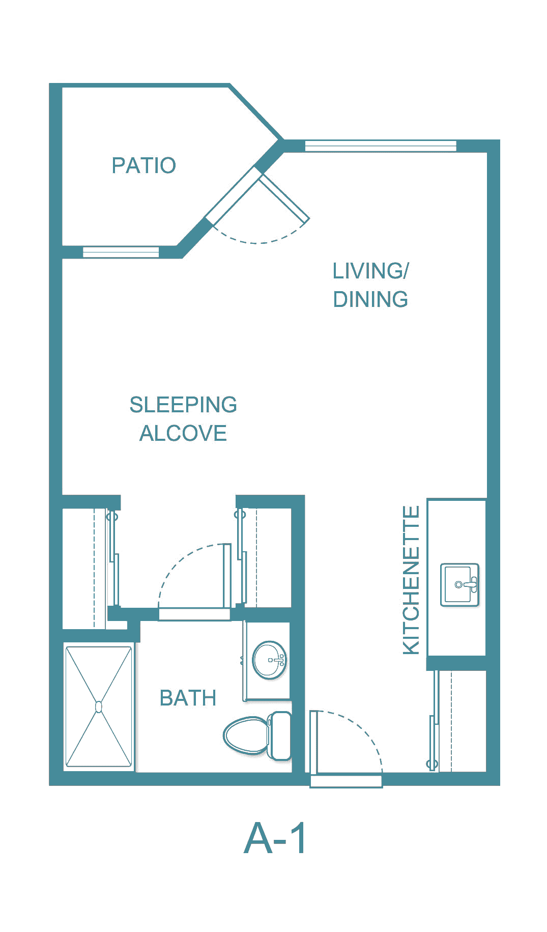 A floor plan of a studio apartment featuring a living/dining area, kitchenette, sleeping alcove, and bathroom.