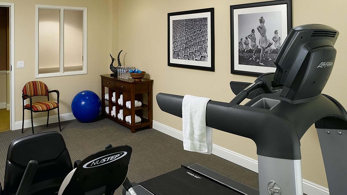 A home gym featuring a treadmill, fitness ball, and neatly organized exercise equipment.