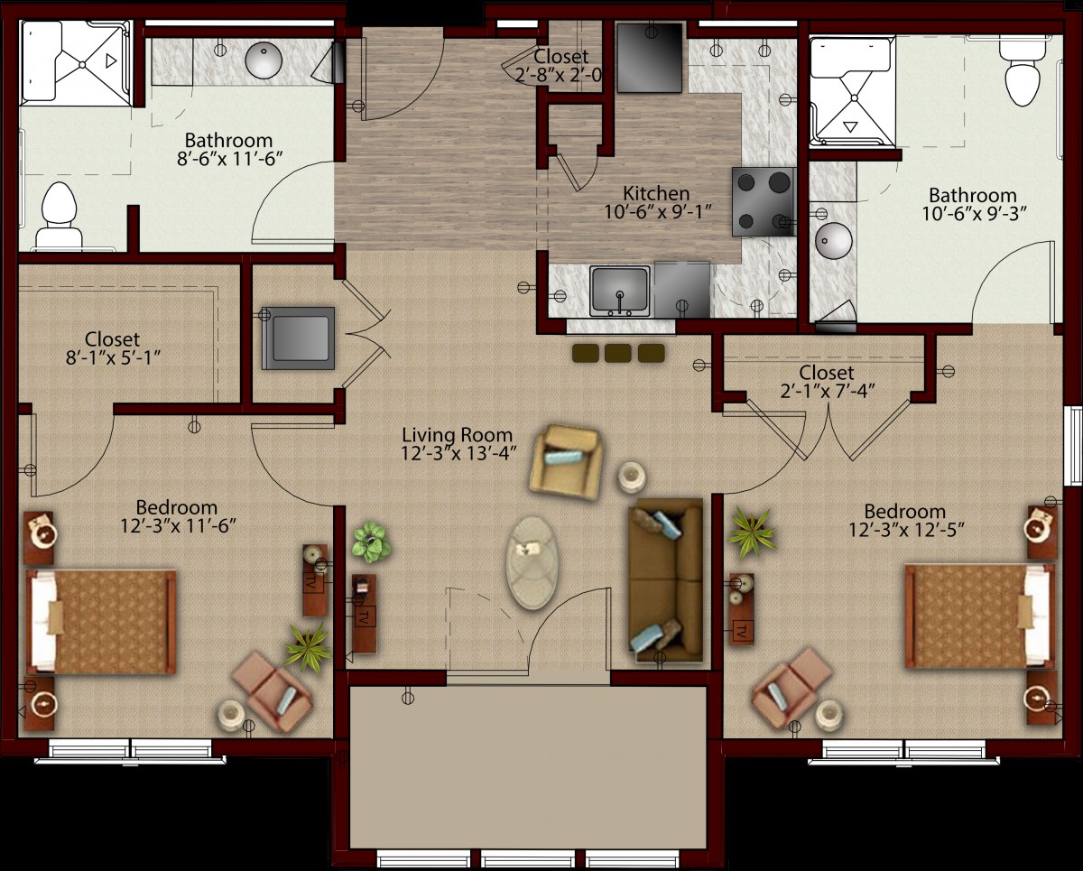 A detailed floor plan of a three-bedroom apartment with labeled room dimensions.
