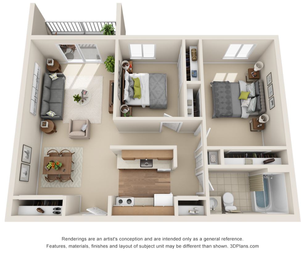 A detailed 3D floor plan of a two-bedroom apartment, showcasing a living room, kitchen, and bathroom.