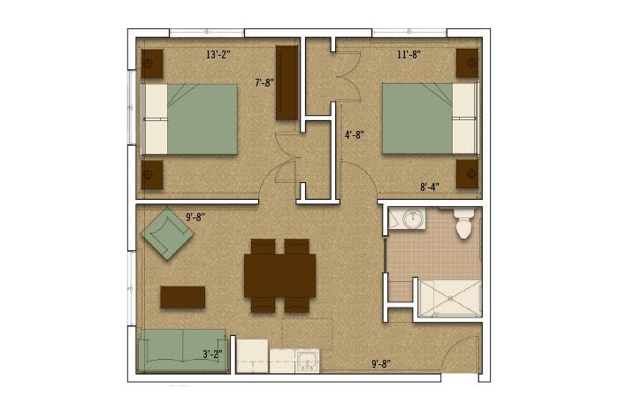 A floor plan of a two-bedroom apartment with living room, kitchen, and bathroom.