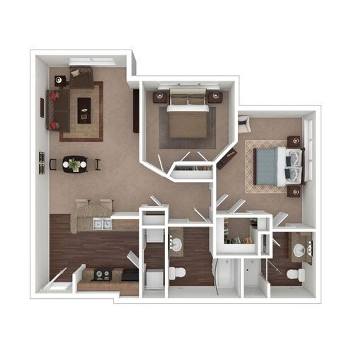 A two-bedroom apartment floor plan featuring a living room, kitchen, and bathroom.