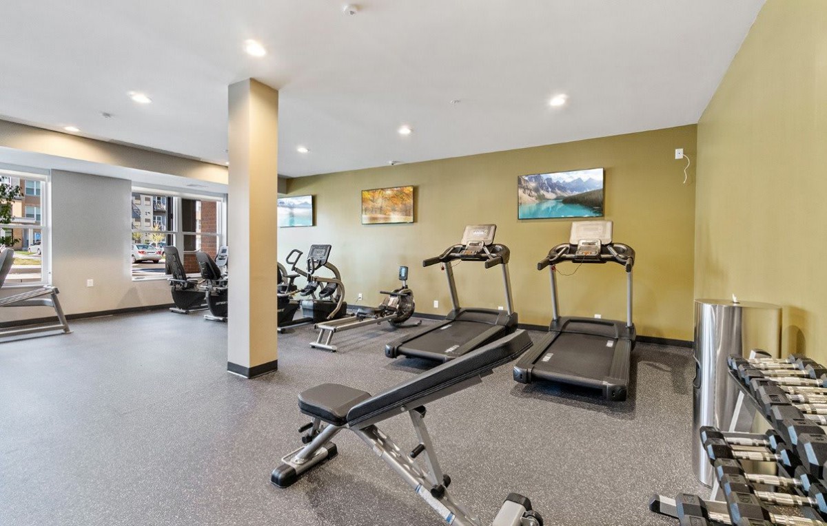 A modern gym with treadmills and stationary bikes.