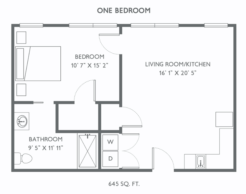A one-bedroom apartment floor plan, featuring a living room/kitchen area, bedroom, and bathroom.