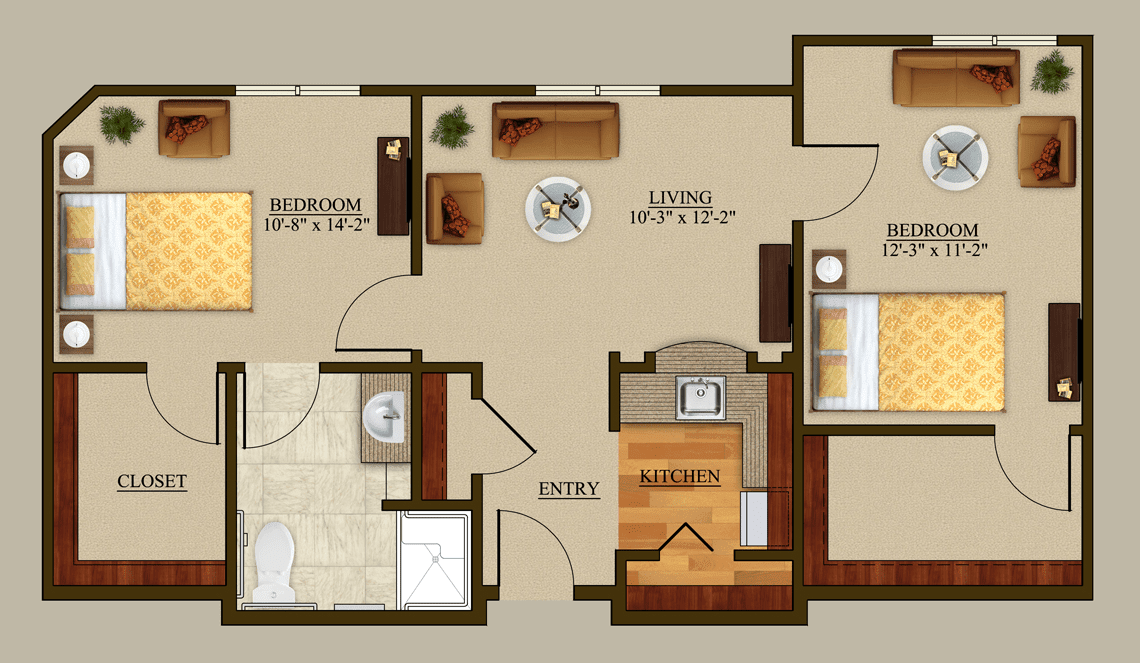 A detailed floor plan of a two-bedroom apartment featuring a living room, kitchen, and bathroom.