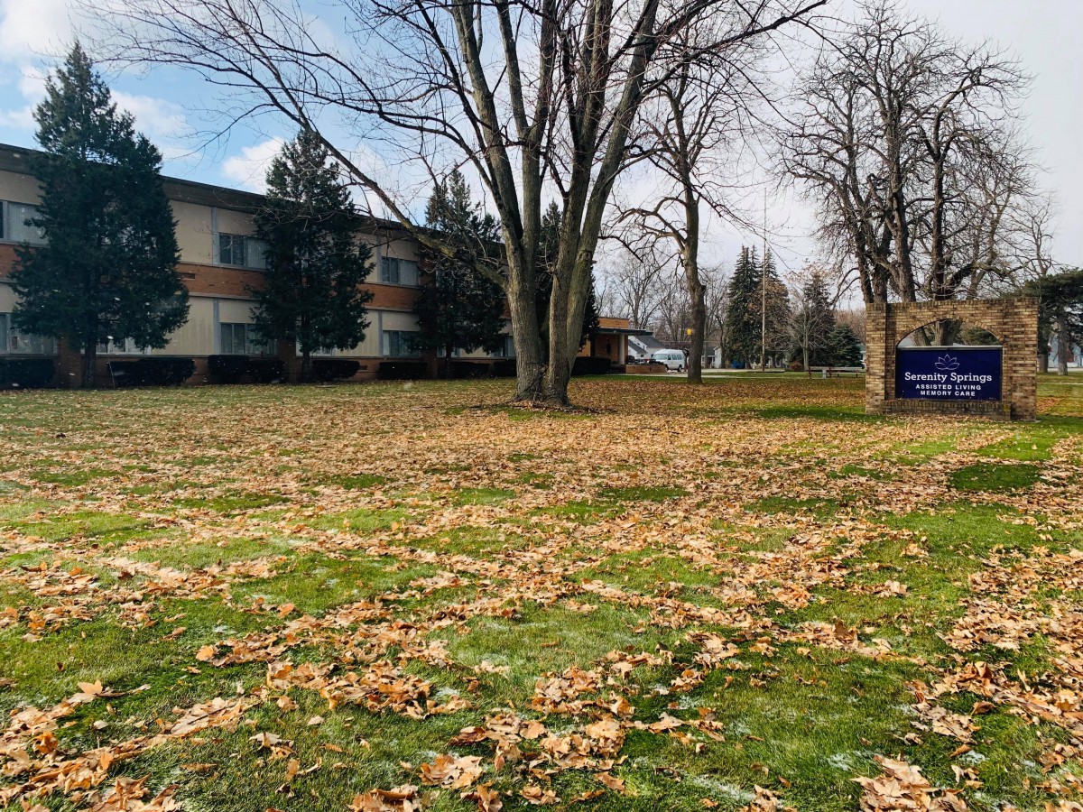 A grassy yard covered with autumn leaves in front of a building.