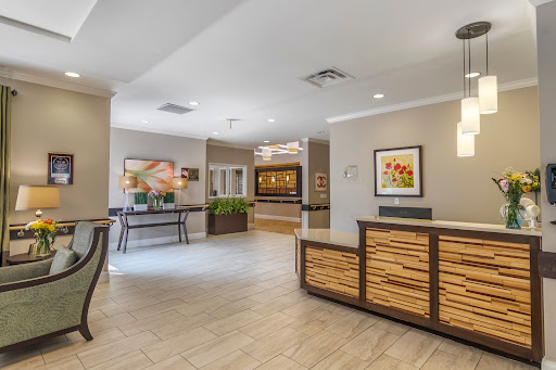 A modern and welcoming lobby area featuring a reception desk, contemporary decor, and comfortable seating.
