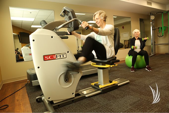 Seniors exercising on fitness equipment at the gym.