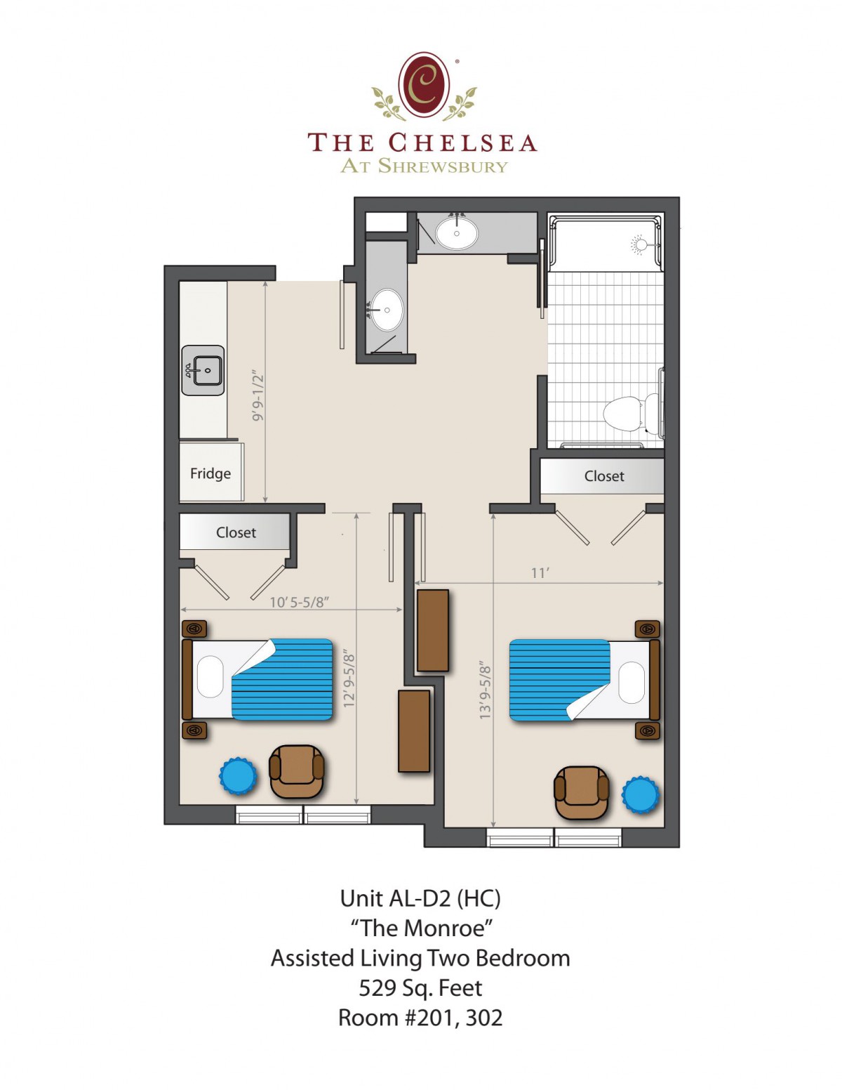 Floor plan of a two-bedroom apartment unit at The Chelsea.