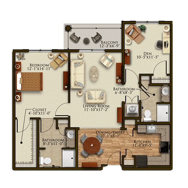 A detailed floor plan of a two-bedroom apartment featuring a kitchen, living room, dining area, and two bathrooms.
