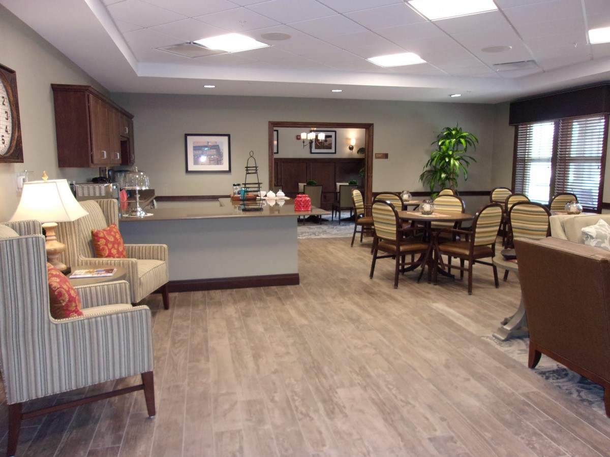 A modern lounge and dining area with comfortable seating and contemporary decor.