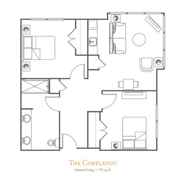 A floor plan of a two-bedroom apartment featuring a living room, kitchen, and bathrooms.