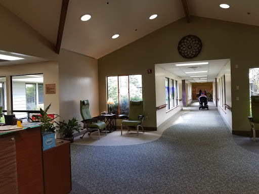 A serene waiting area in a medical facility with comfortable seating and natural lighting.