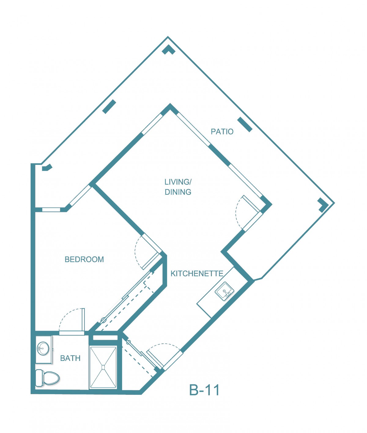 Floor plan of an apartment unit B-11 showing layout of rooms and spaces.
