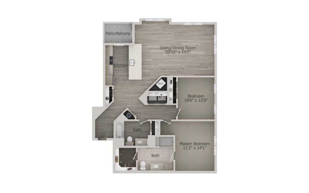 A floor plan of a two-bedroom apartment with labeled room dimensions.
