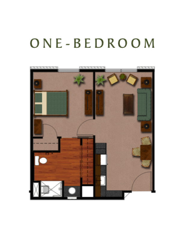 One-bedroom apartment floor plan featuring a bedroom, living area, kitchen, and bathroom.