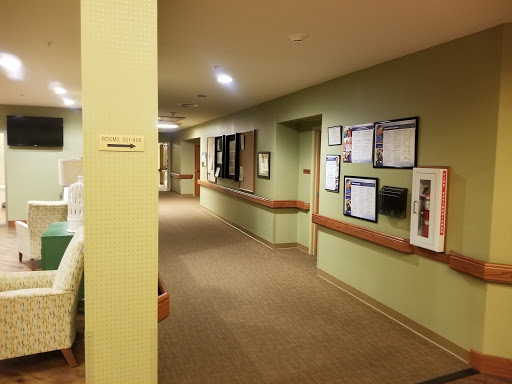 A well-lit corridor in a healthcare facility with green walls and framed information boards.