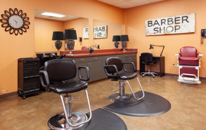 A well-maintained barber shop interior with stylish chairs and decor.