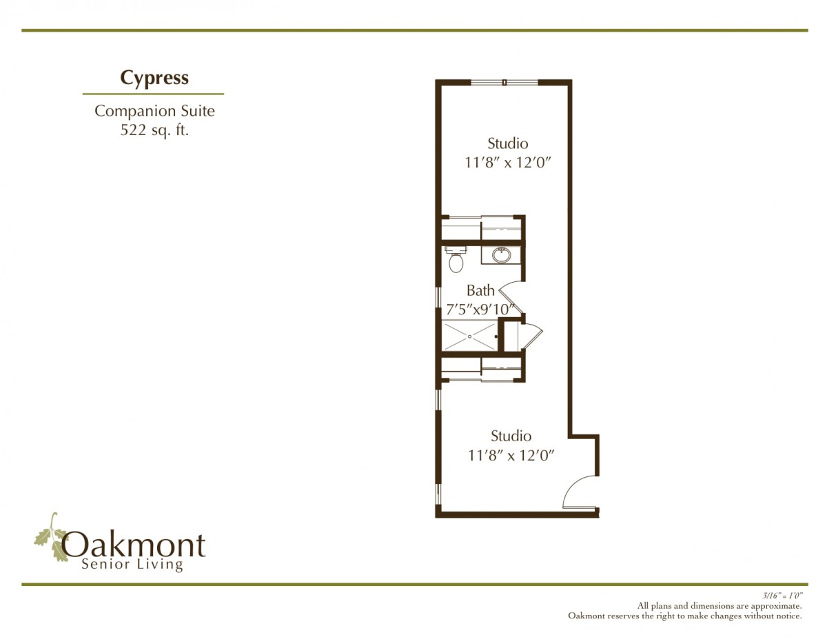 Floor plan of a studio apartment labeled 'Cypress' with an area of 623 square feet.