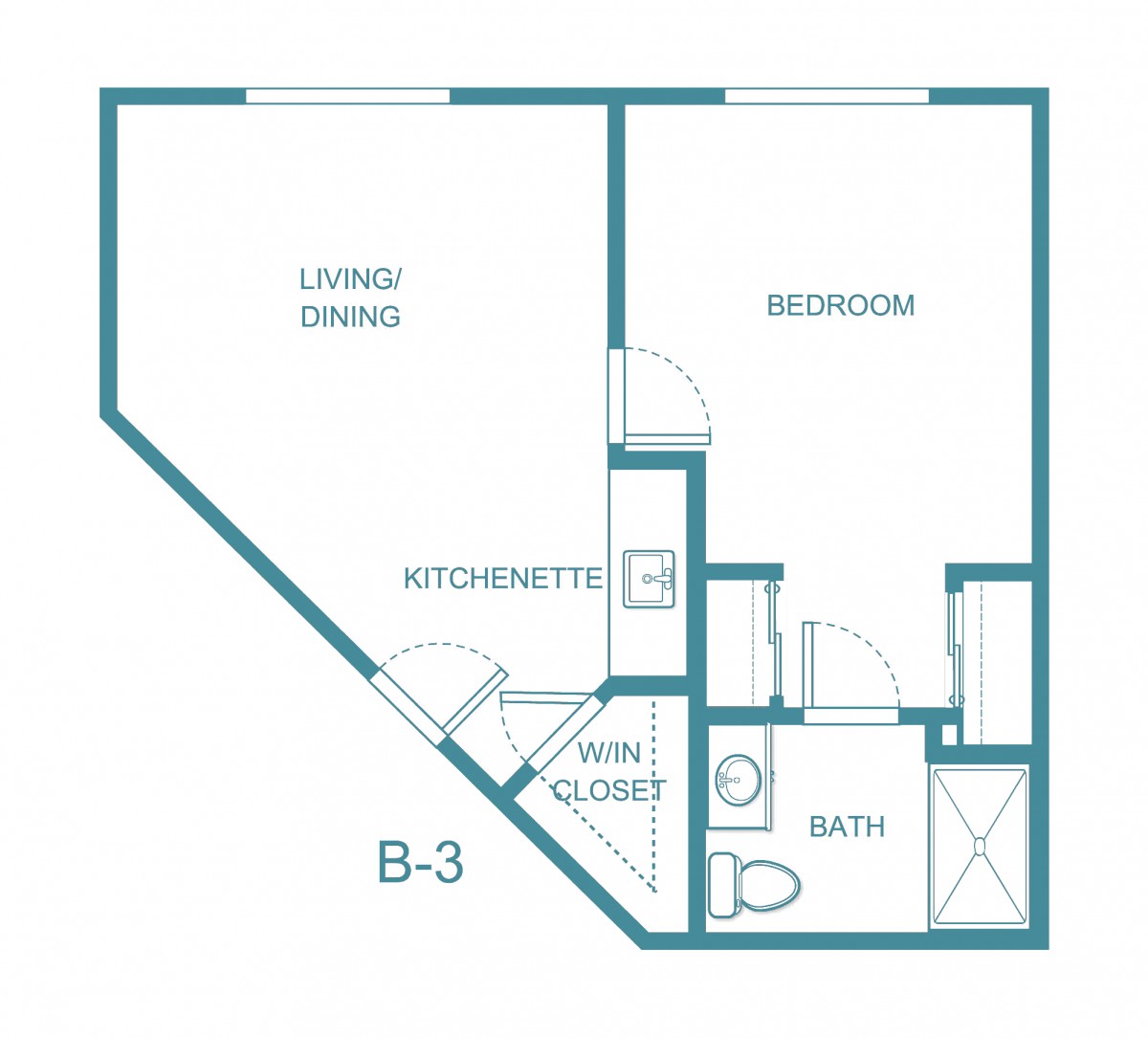 A floor plan labeled B-3, featuring a living/dining area, bedroom, kitchenette, bathroom, and closet.