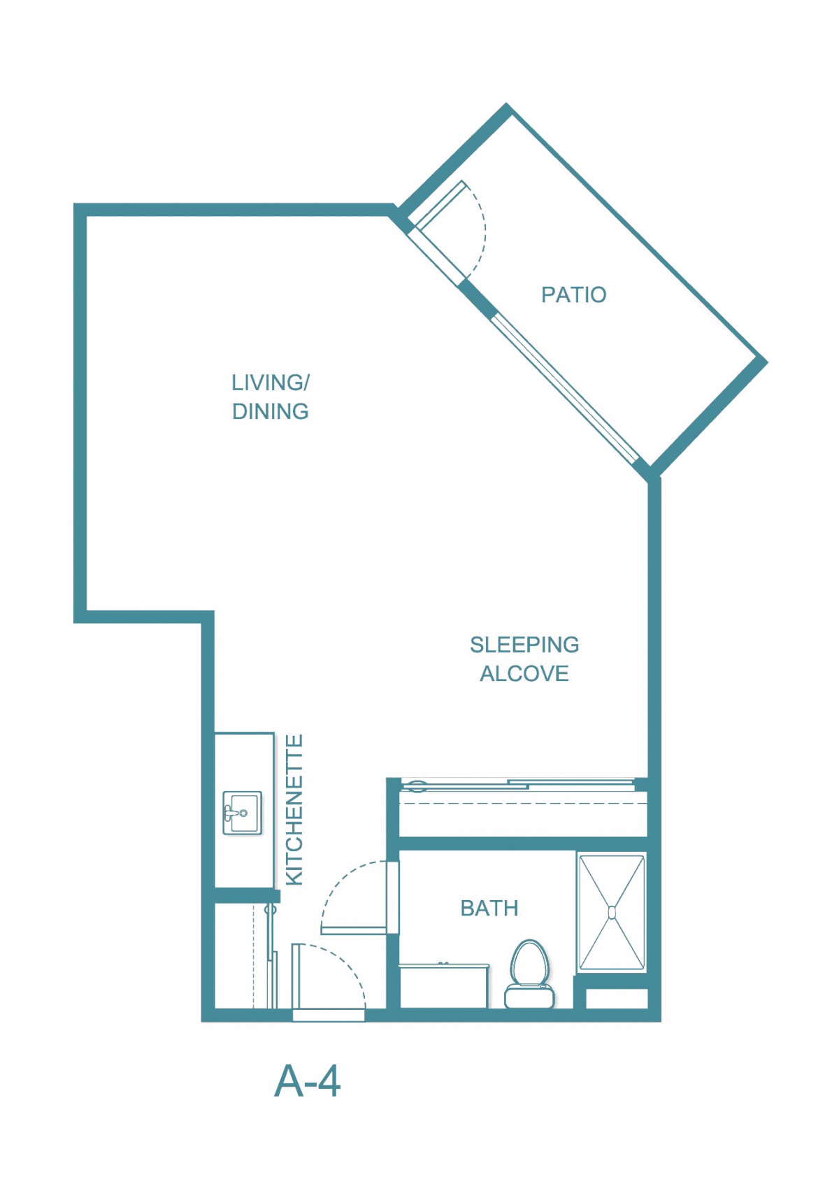 Studio apartment floor plan with sleeping alcove, living/dining area, kitchen, bathroom, and patio.