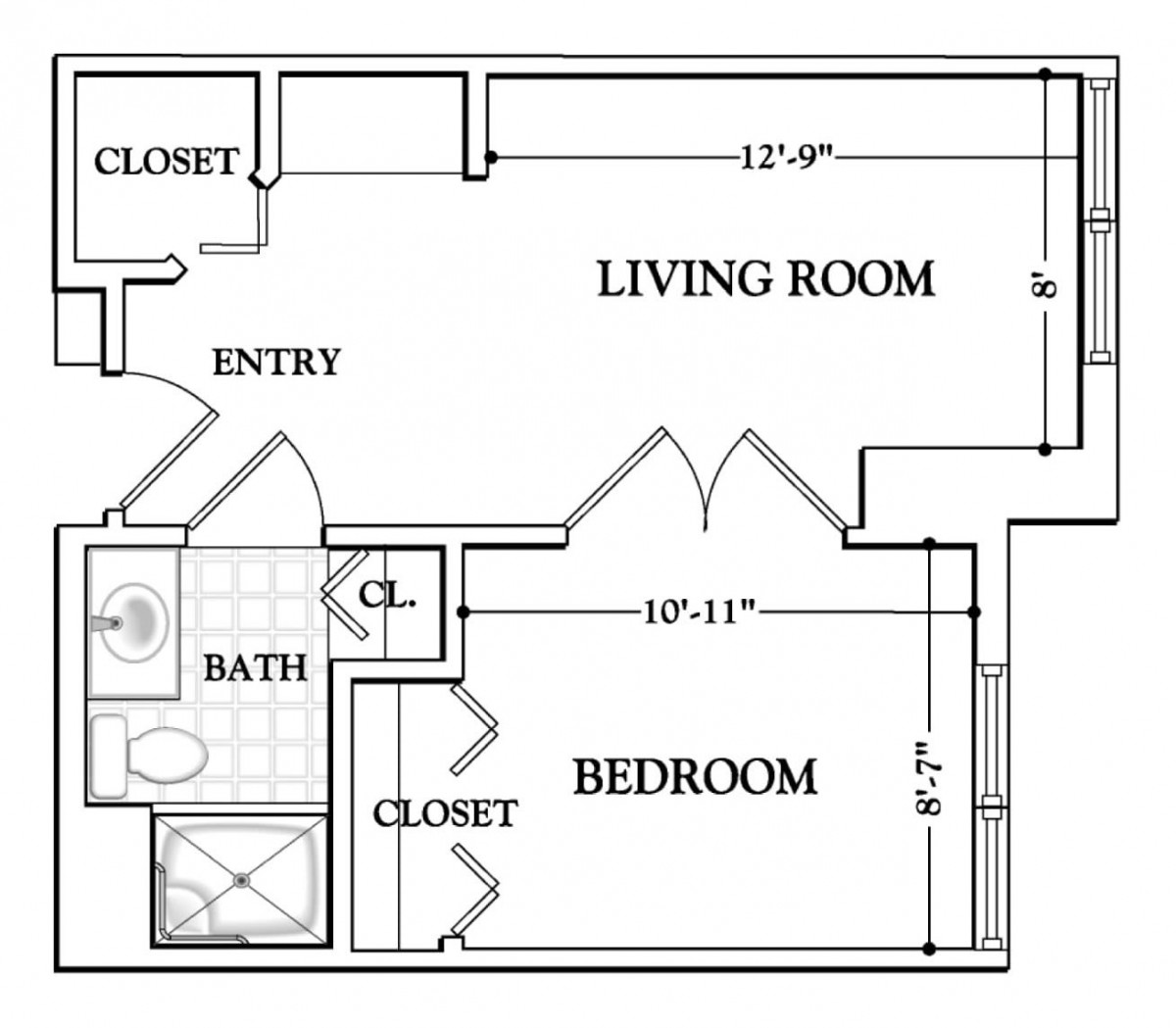 A simple apartment floor plan showing a living room, bedroom, bathroom, and closets.
