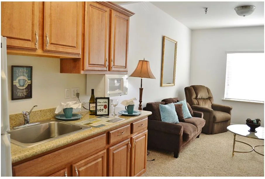A cozy living space with a kitchen area, featuring wooden cabinets and a comfortable seating arrangement.