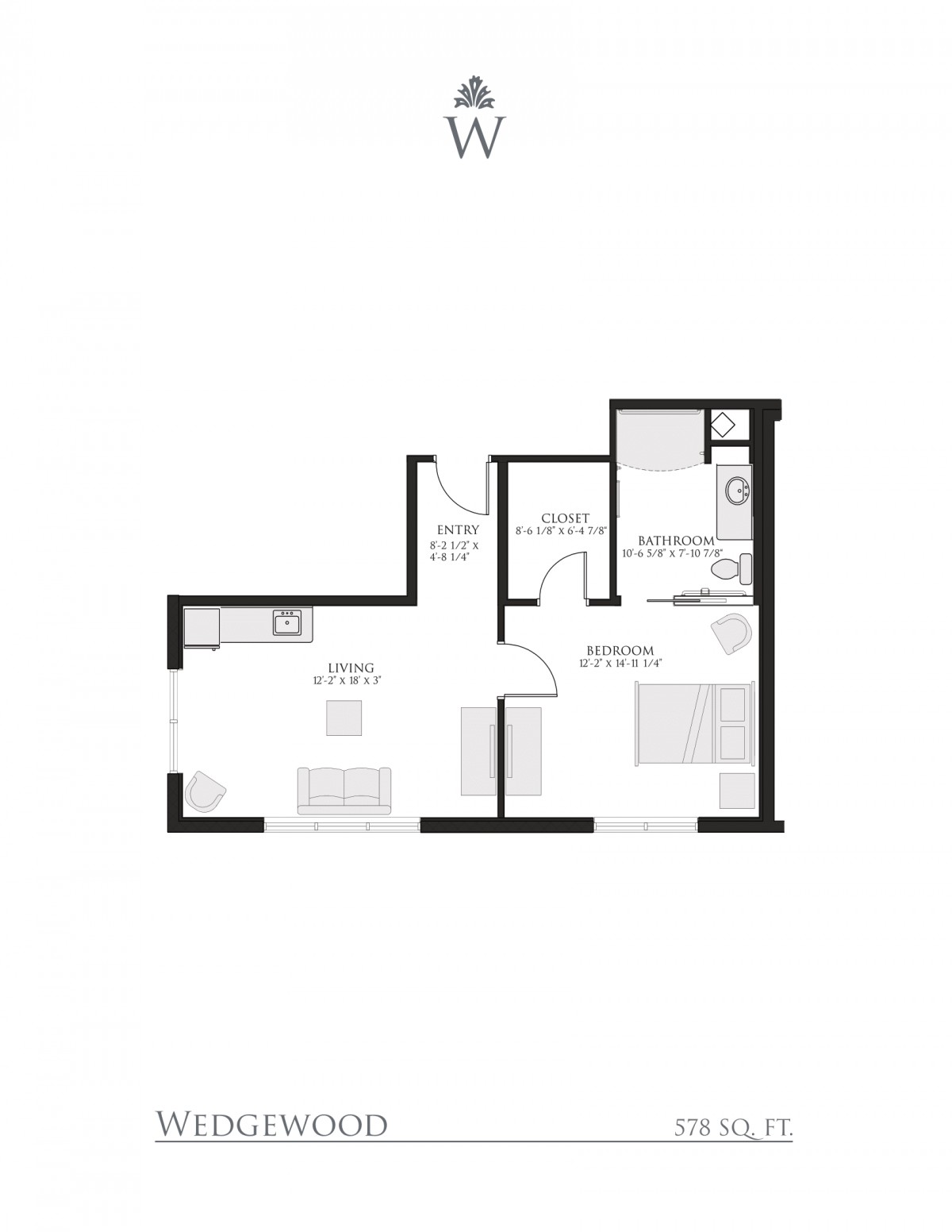 A floor plan showing the layout of a small apartment with designated areas for a kitchen, living room, bedroom, and bathroom.