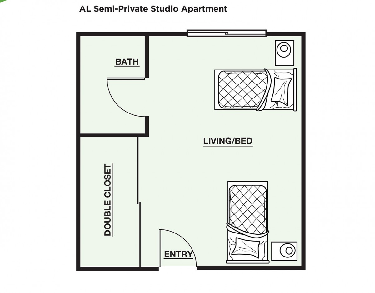 Floor plan of an AL Semi-Private Studio Apartment featuring a bathroom, living area, and a double closet.