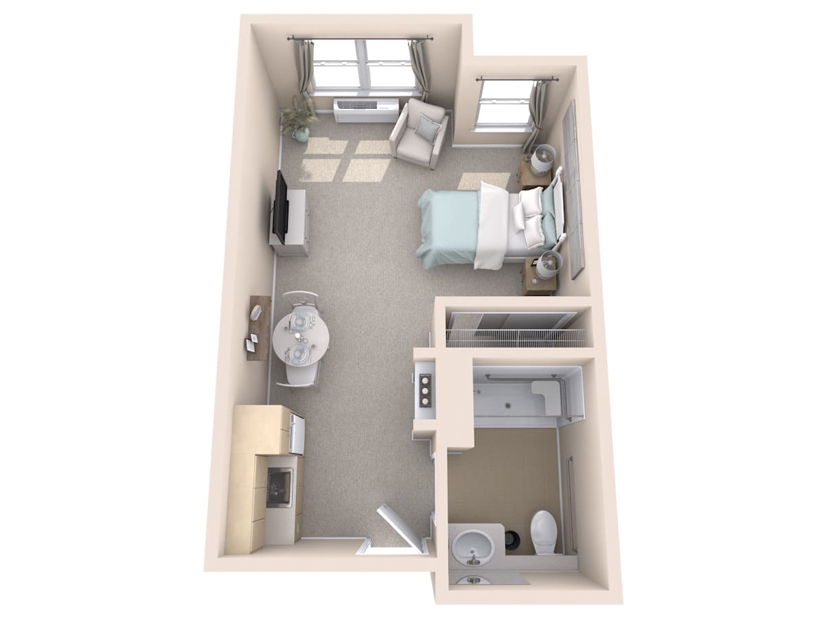 3D floor plan of a compact one-room apartment with a bedroom, living area, and bathroom.