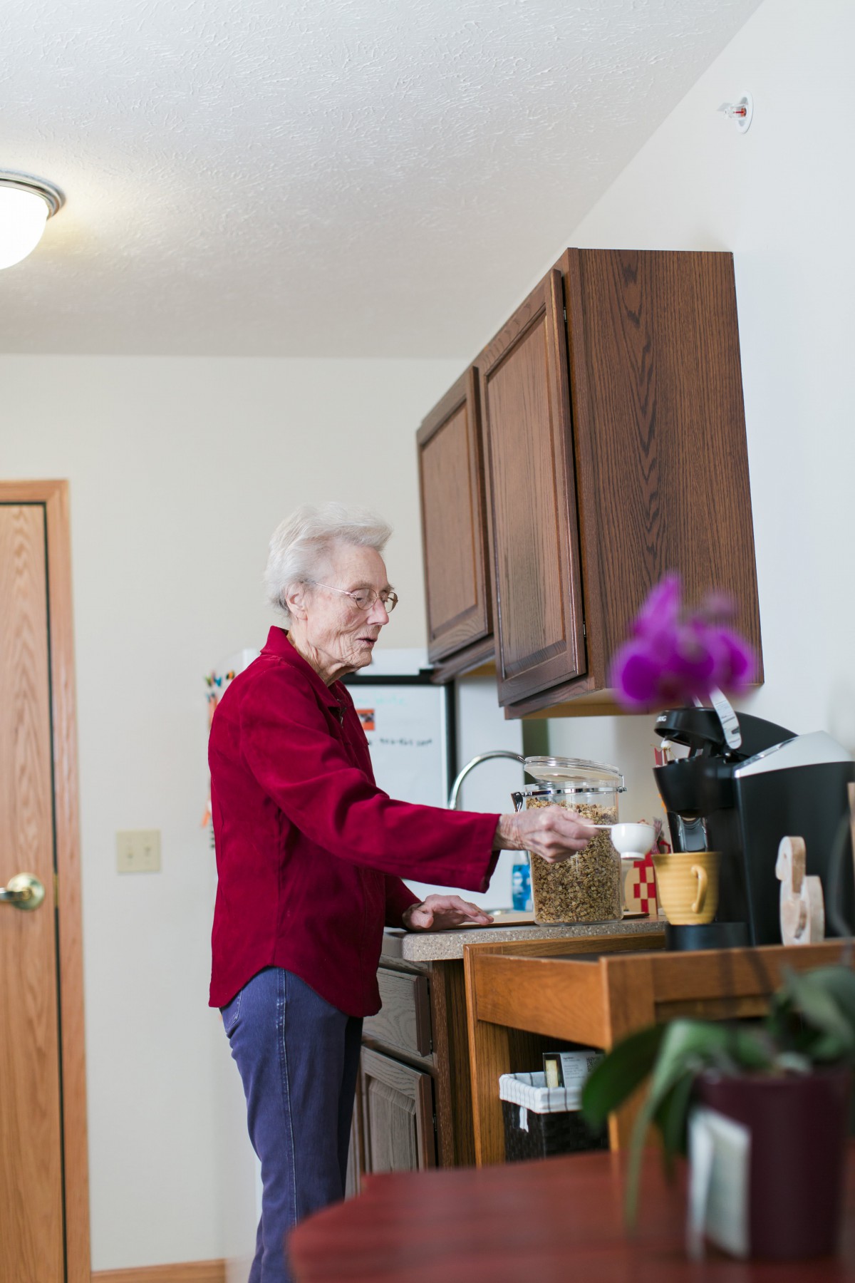An elderly woman standing at a kitchen countertop in her home.