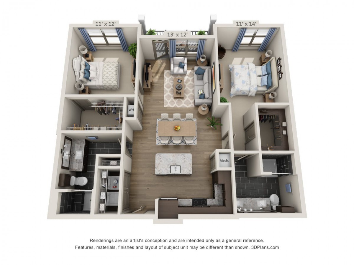 A 3D floor plan layout of a modern apartment featuring two bedrooms, a communal living area, and kitchen.