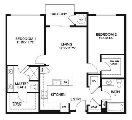 A floor plan of a two-bedroom apartment with a balcony, kitchen, living room, and two bathrooms.