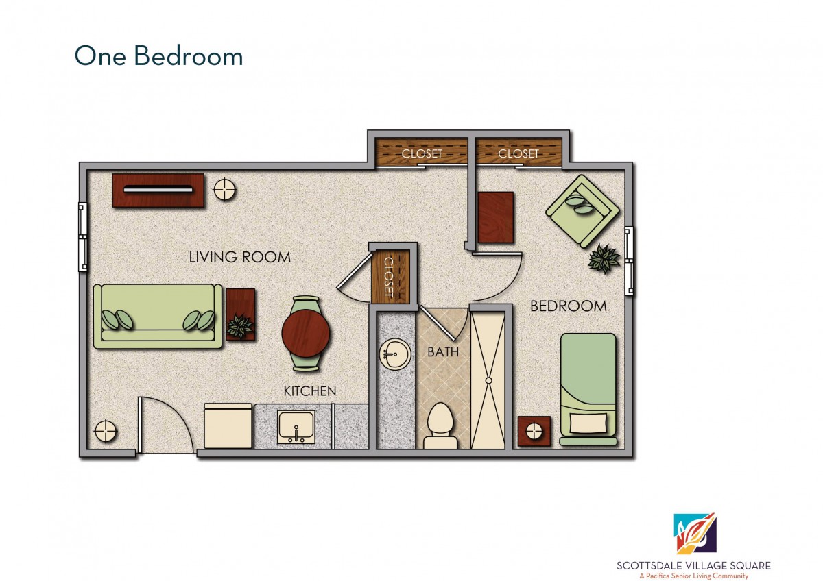 One-bedroom apartment floor plan showing the layout of the living room, kitchen, bathroom, and bedroom.