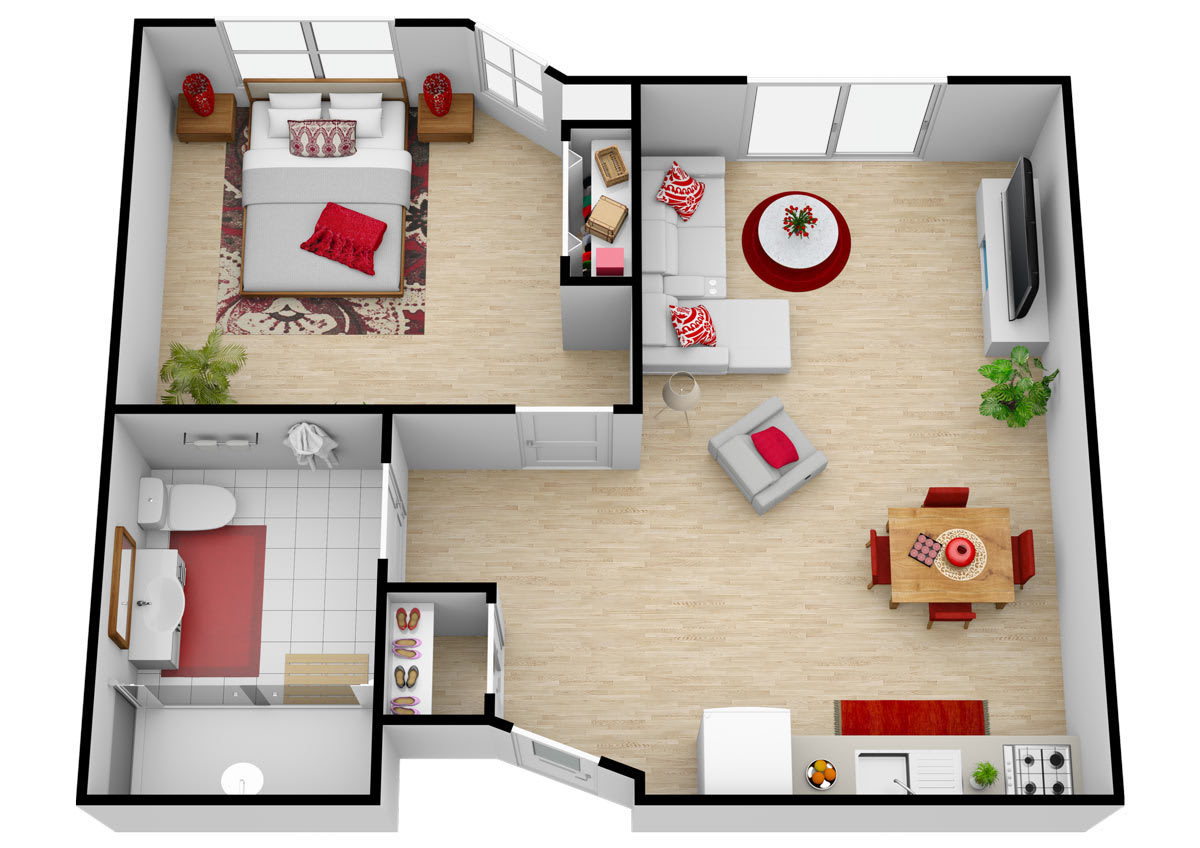 A detailed floor plan of a two-bedroom apartment with modern interior design.