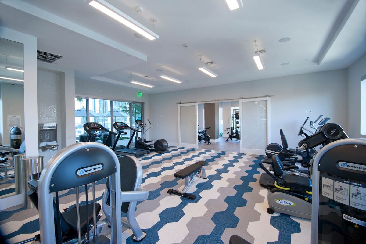 A modern gym equipped with treadmills and exercise bikes.