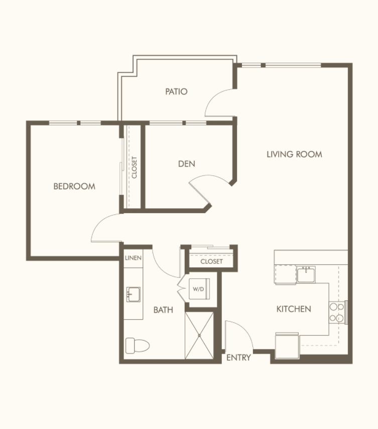A floor plan depicting a one-bedroom apartment with a kitchen, living room, and bathroom.