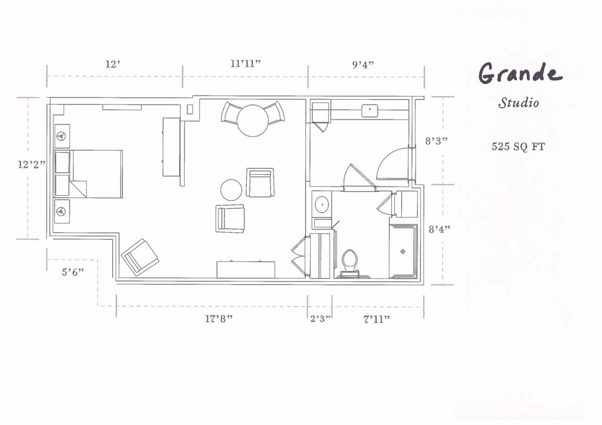 A detailed floor plan of an apartment showcasing the layout of different rooms and furniture placement.