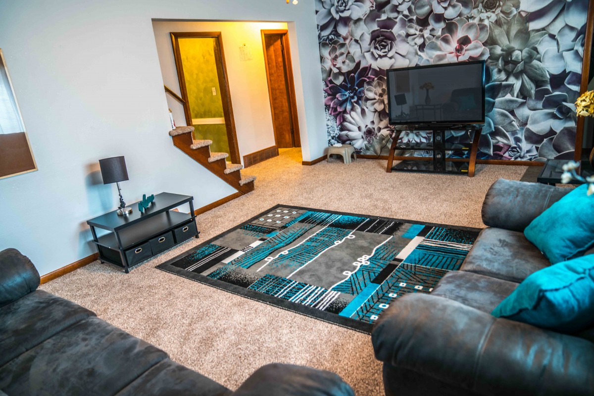 A modern living room featuring a colorful carpet, leather sofas, and a large television.