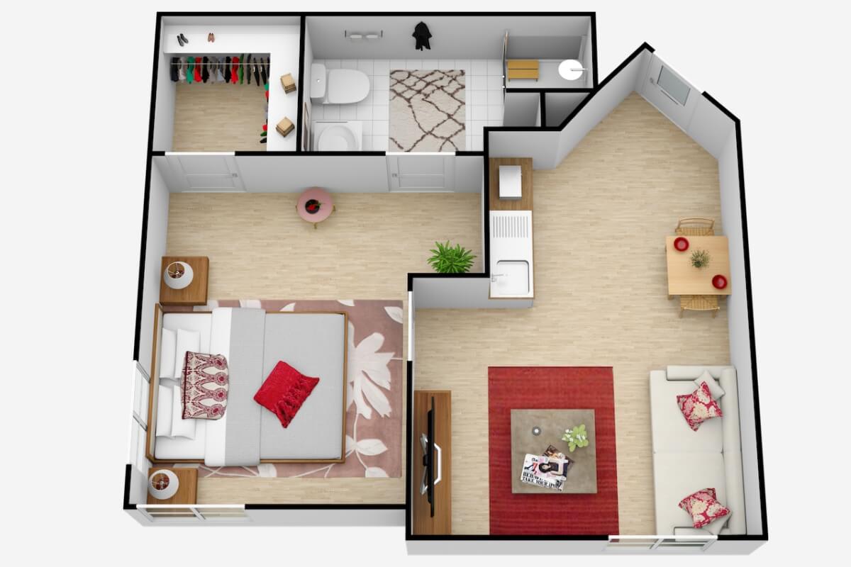 A 3D floor plan of an apartment featuring a bedroom, bathroom, and open living area.