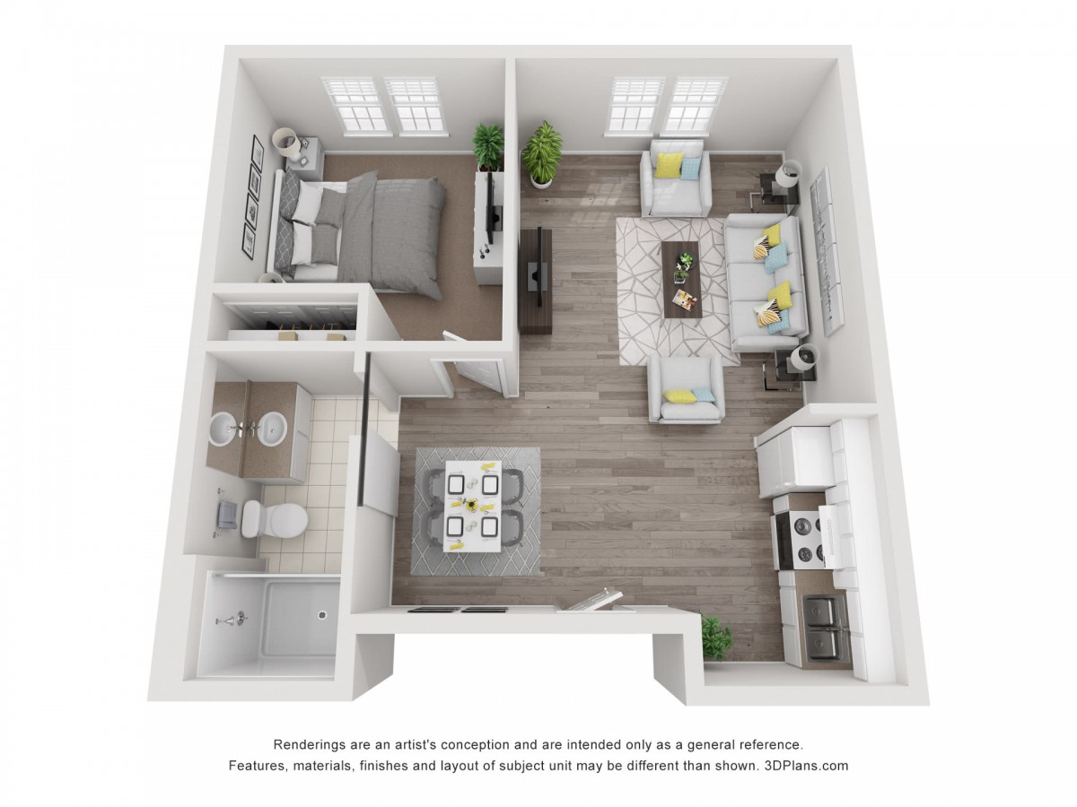 A 3D floor plan of a modern one-bedroom apartment featuring an open living area, kitchen, and bathroom.