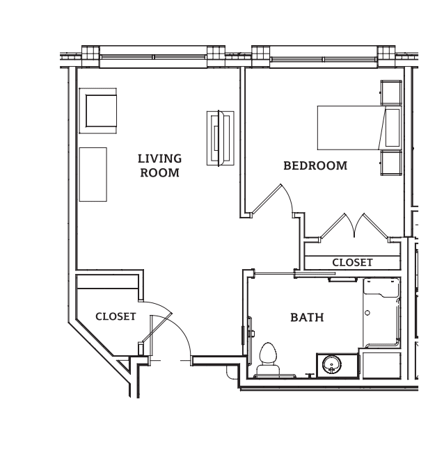 A 1-bedroom apartment floor plan featuring a living room, bedroom, bathroom, and closet.