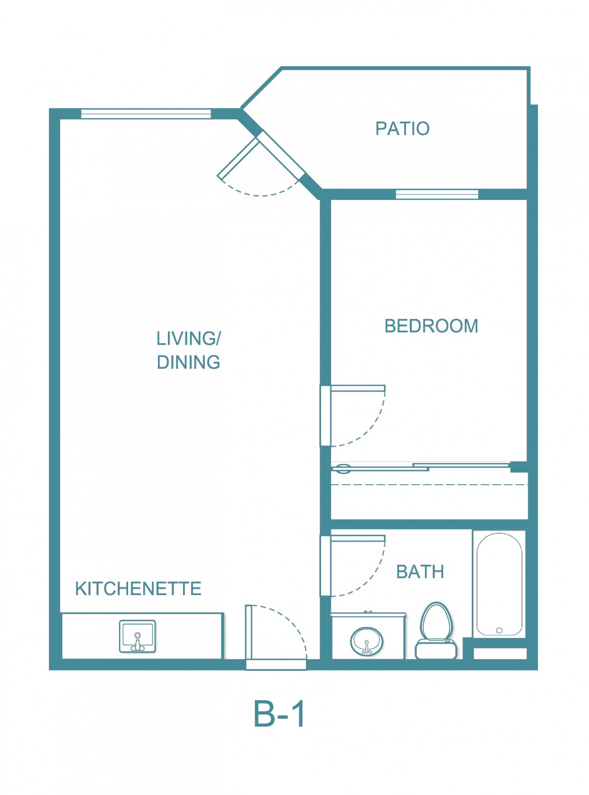This is a floor plan of a compact apartment featuring a living/dining area, kitchenette, bedroom, bathroom, and patio.