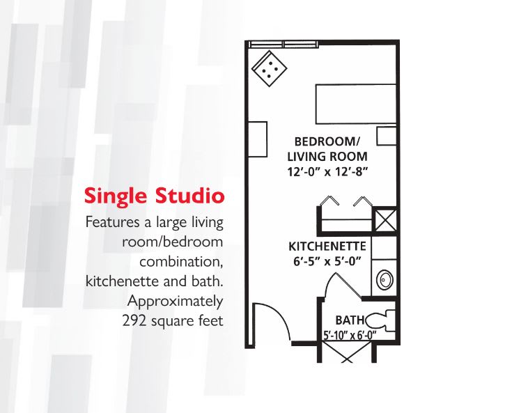 A floor plan of a single studio apartment featuring a combined living room and bedroom, kitchenette, and bath, totaling approximately 272 square feet.